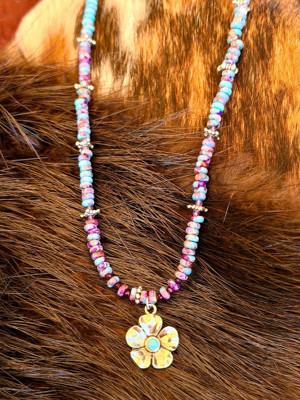 Fancy Jasper Beaded Necklace with silver Flower Pendant